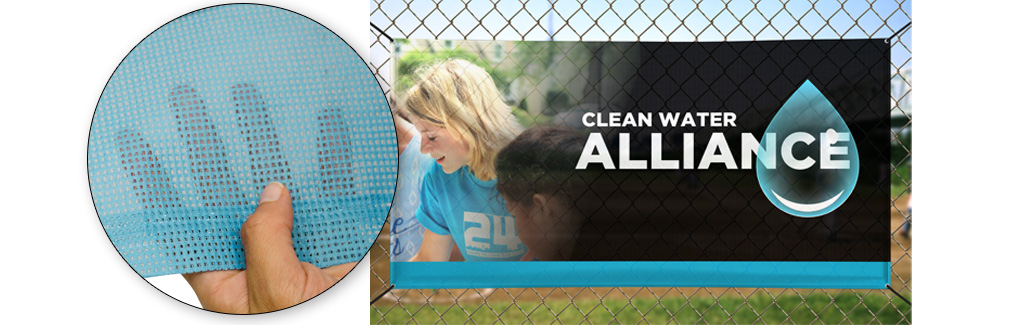 Teal blue and black mesh banner with blonde little boy in the background and text that reads Clean Water Alliance with a teal water drop behind it 